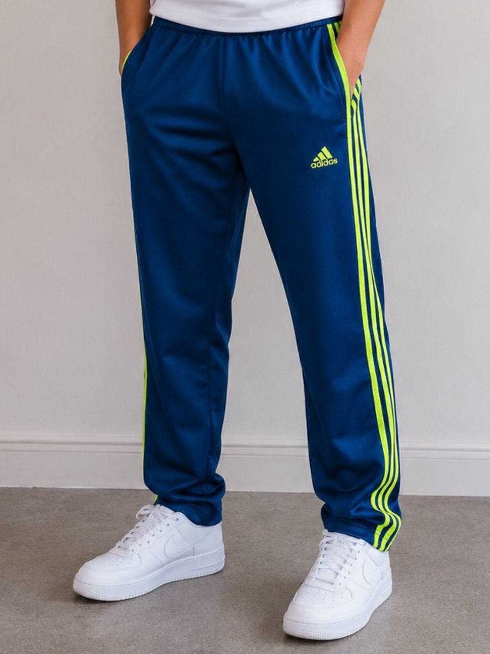 MAKE OFFER! Adidas Blue Joggers with Neon Lime Stripe Track Pants Youth XL